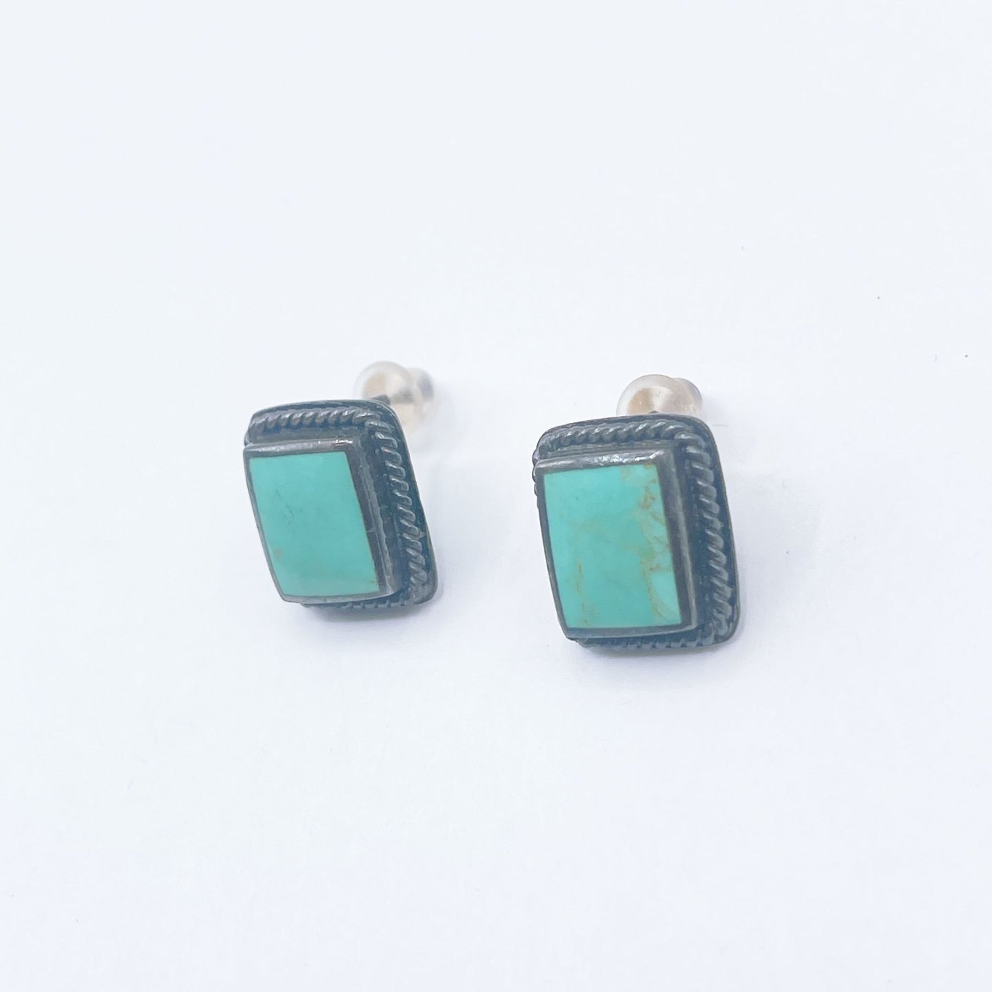 Vintage PB 925 Silver Tribal Turquoise Rectangle Stud Earrings