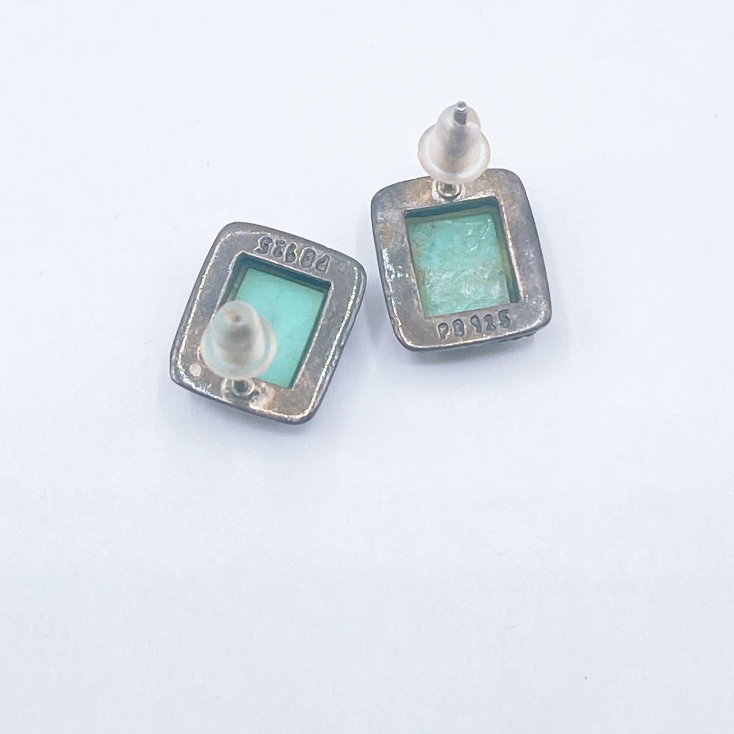 Vintage PB 925 Silver Tribal Turquoise Rectangle Stud Earrings