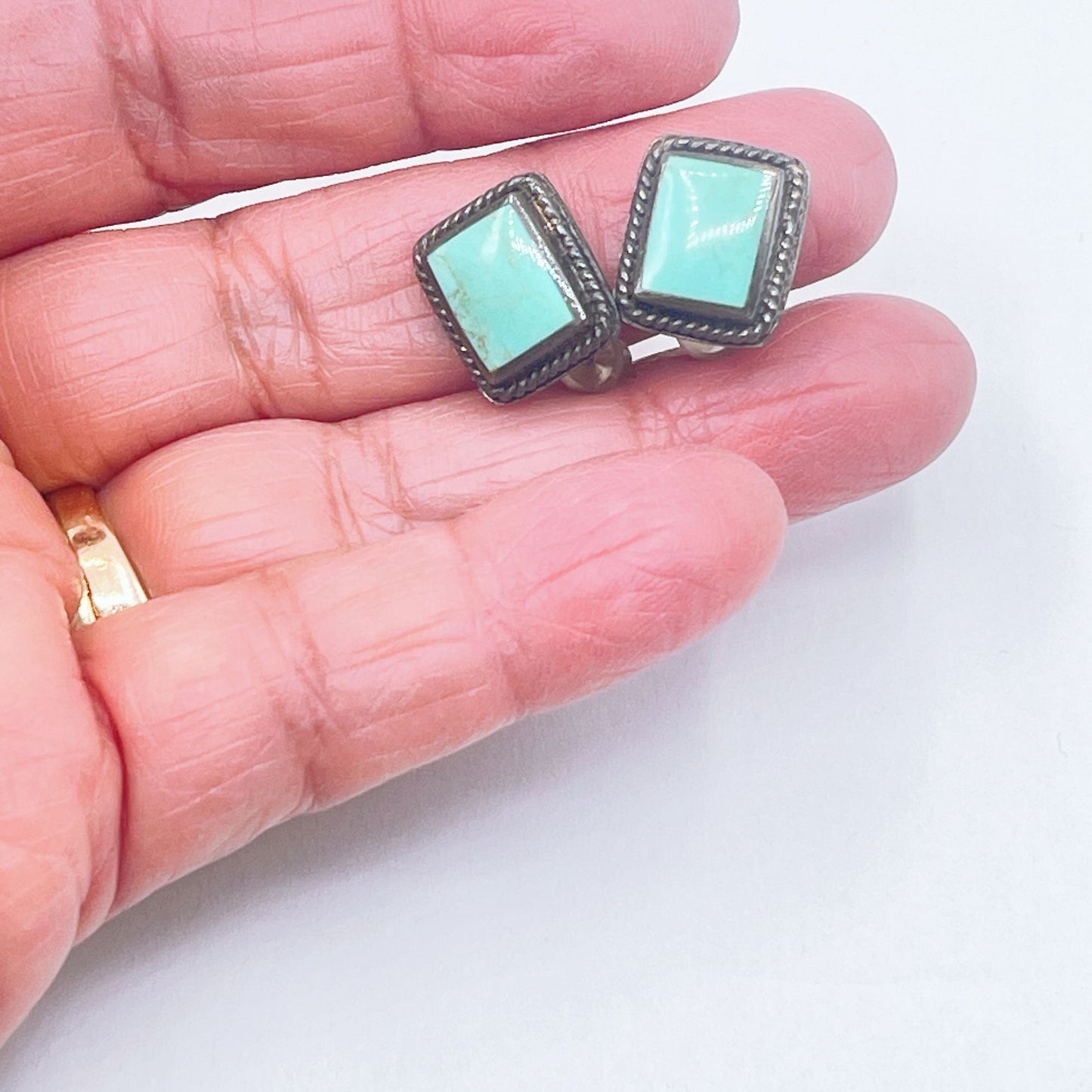 Vintage PB 925 Silver Tribal Turquoise Rectangle Stud Earrings