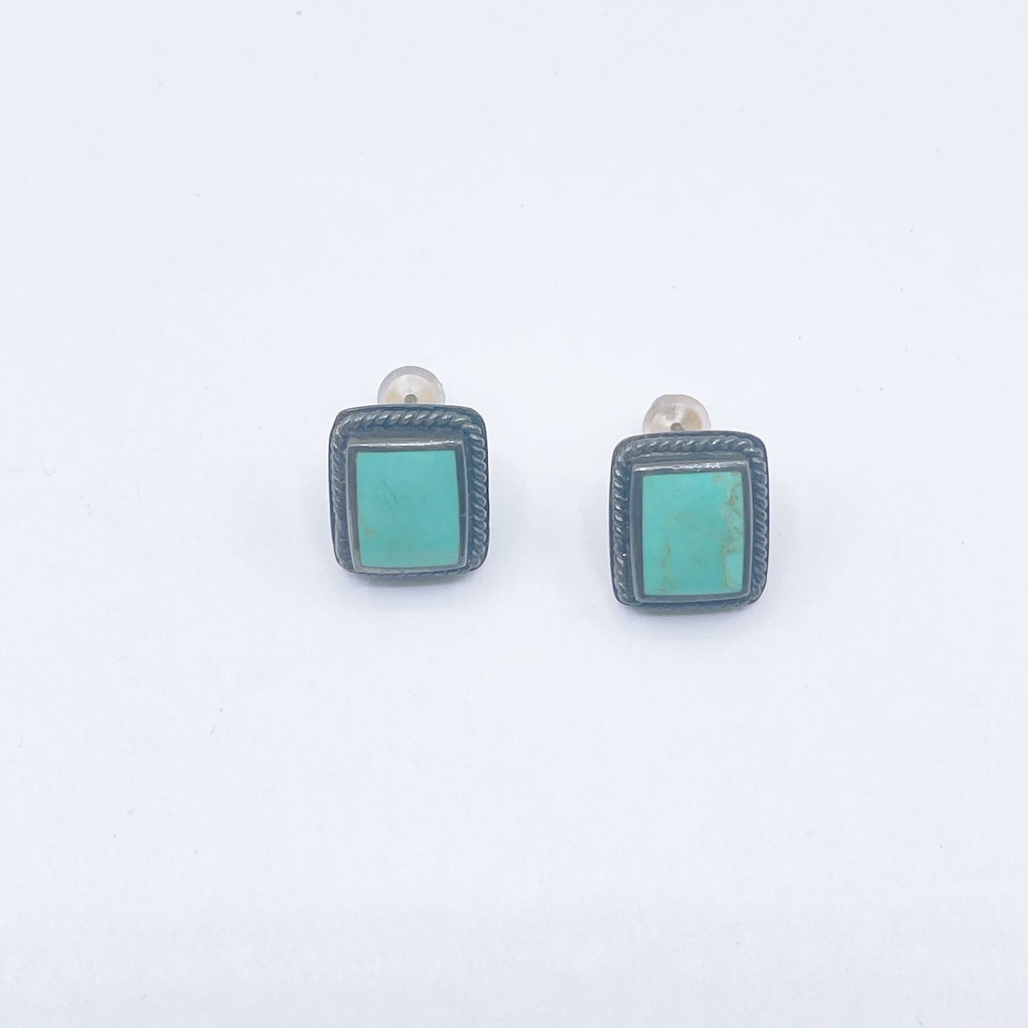 Vintage PB 925 Silver Tribal Turquoise Rectangle Stud Earrings