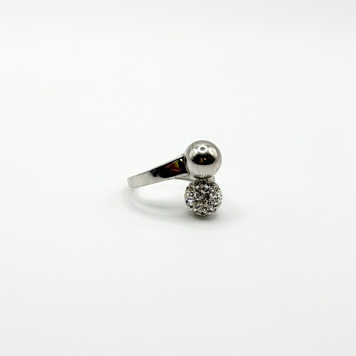 Sterling Silver Adjustable Ring With Crystal Ball & Polished Orb Design