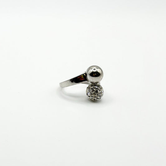 Sterling Silver Adjustable Ring With Crystal Ball & Polished Orb Design