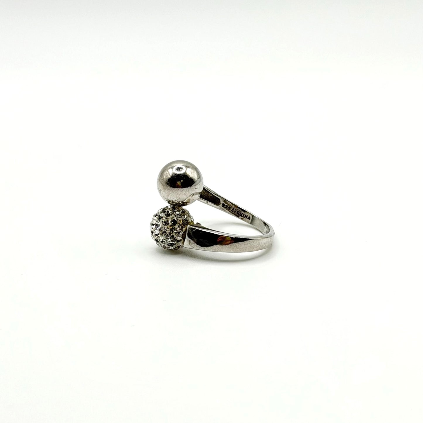 Sterling Silver Adjustable Ring With Crystal Ball & Polished Orb Design