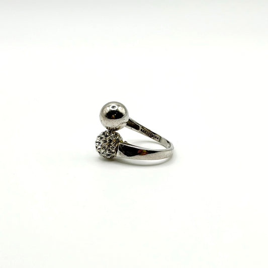 Sterling Silver Adjustable Ring With Crystal Ball & Polished Orb Design