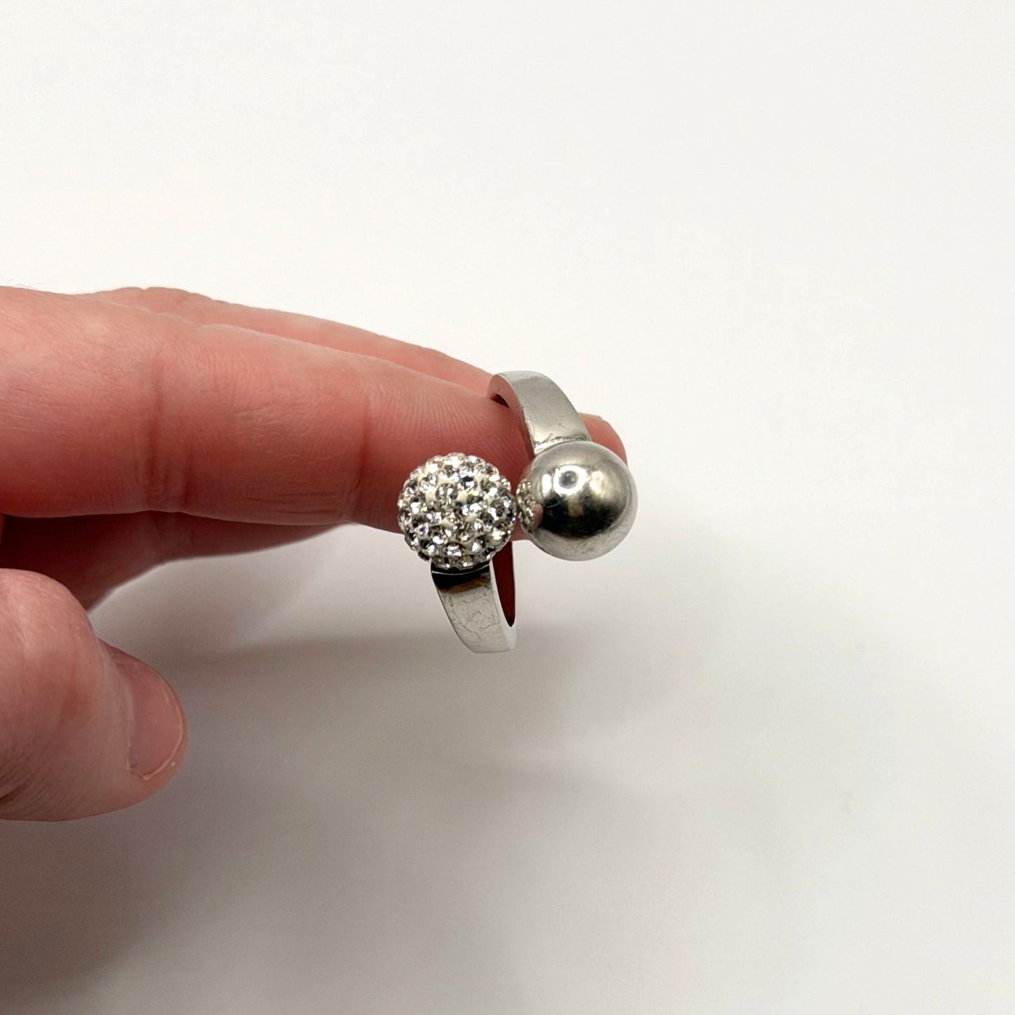 Sterling Silver Adjustable Ring With Crystal Ball & Polished Orb Design