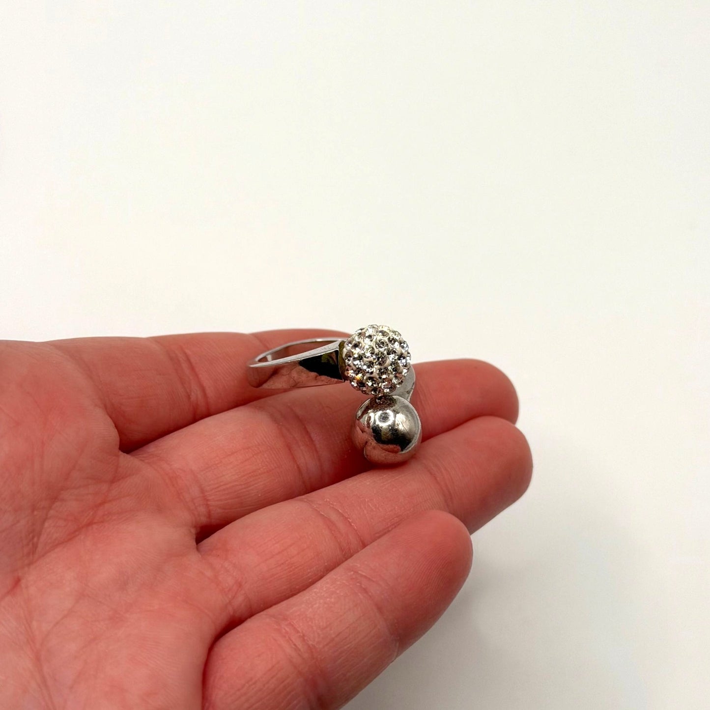 Sterling Silver Adjustable Ring With Crystal Ball & Polished Orb Design