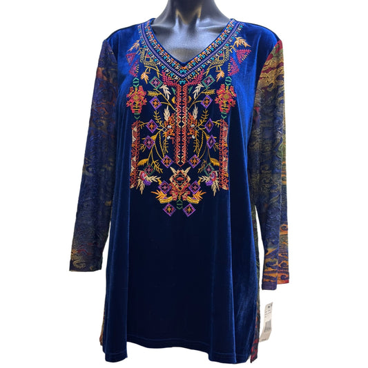 NWT Calessa Blue Embroidered Velour Tunic Top L With Multicolor Long Sleeves