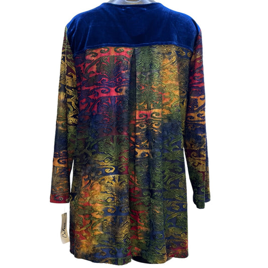 NWT Calessa Blue Embroidered Velour Tunic Top L With Multicolor Long Sleeves