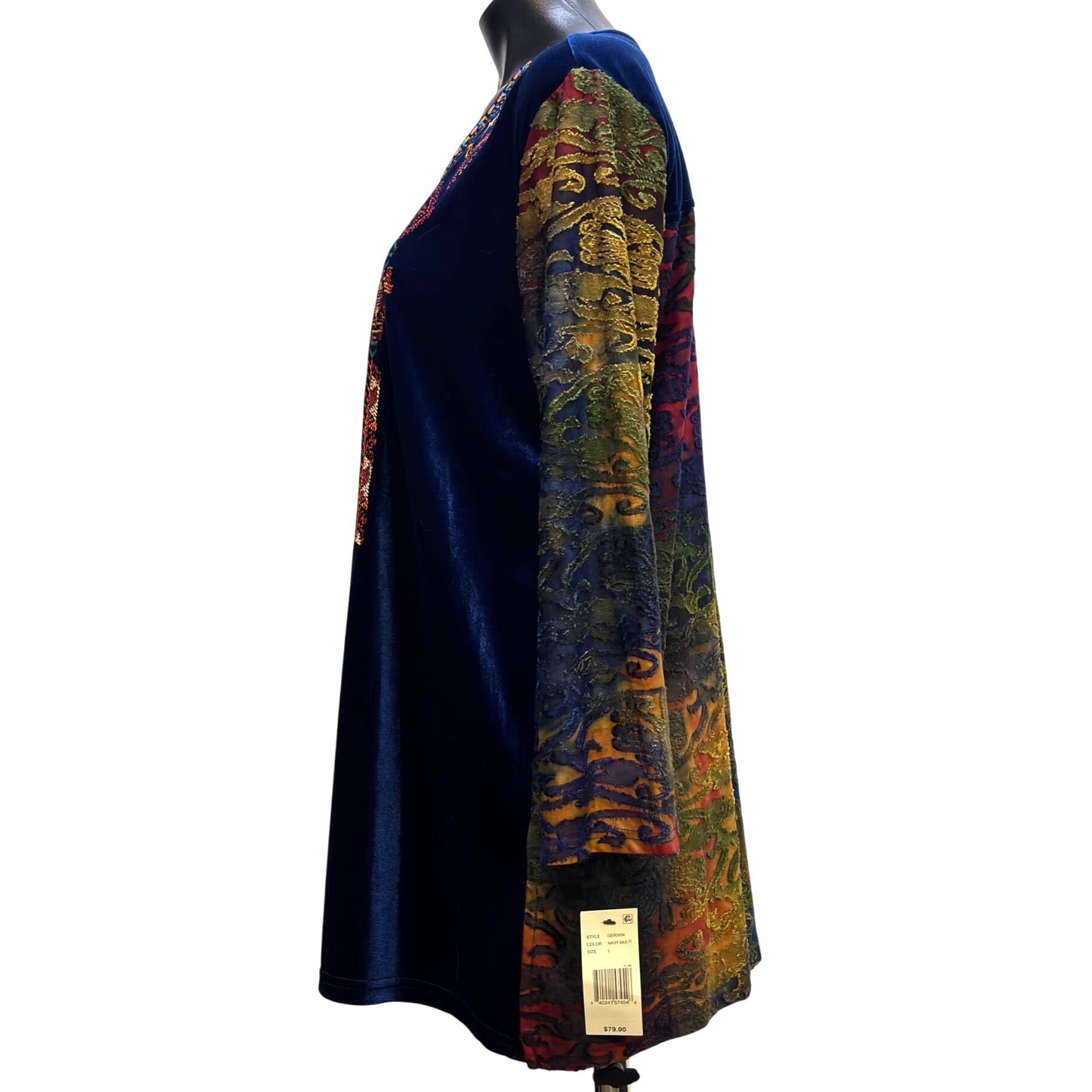 NWT Calessa Blue Embroidered Velour Tunic Top L With Multicolor Long Sleeves