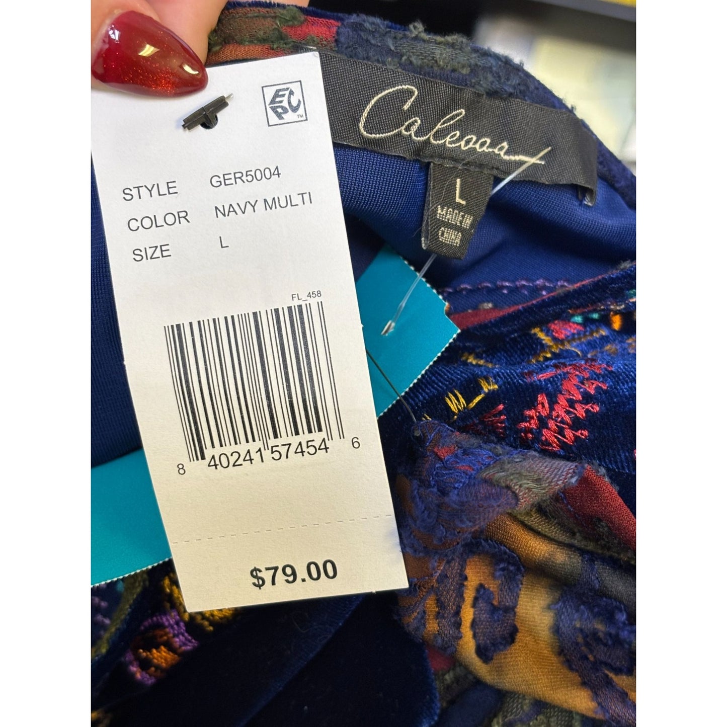 NWT Calessa Blue Embroidered Velour Tunic Top L With Multicolor Long Sleeves