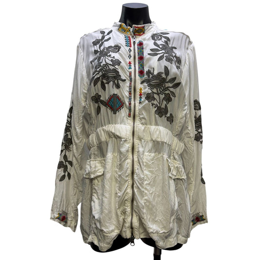 Johnny Was Embroidered White & Multicolor Zip Jacket L