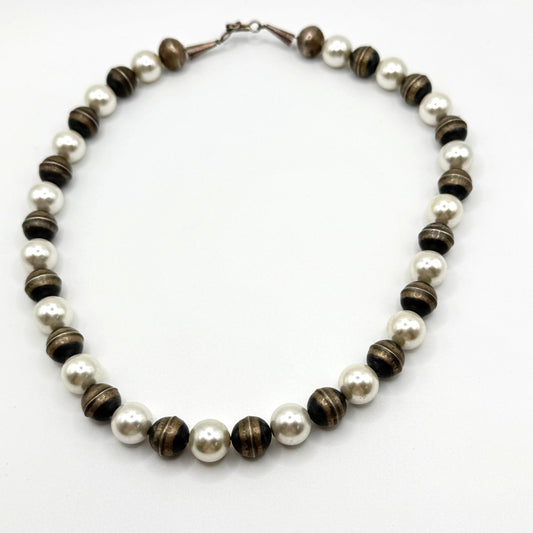 Vintage Sterling Silver & Faux Pearl Beaded Necklace With Hook Clasp