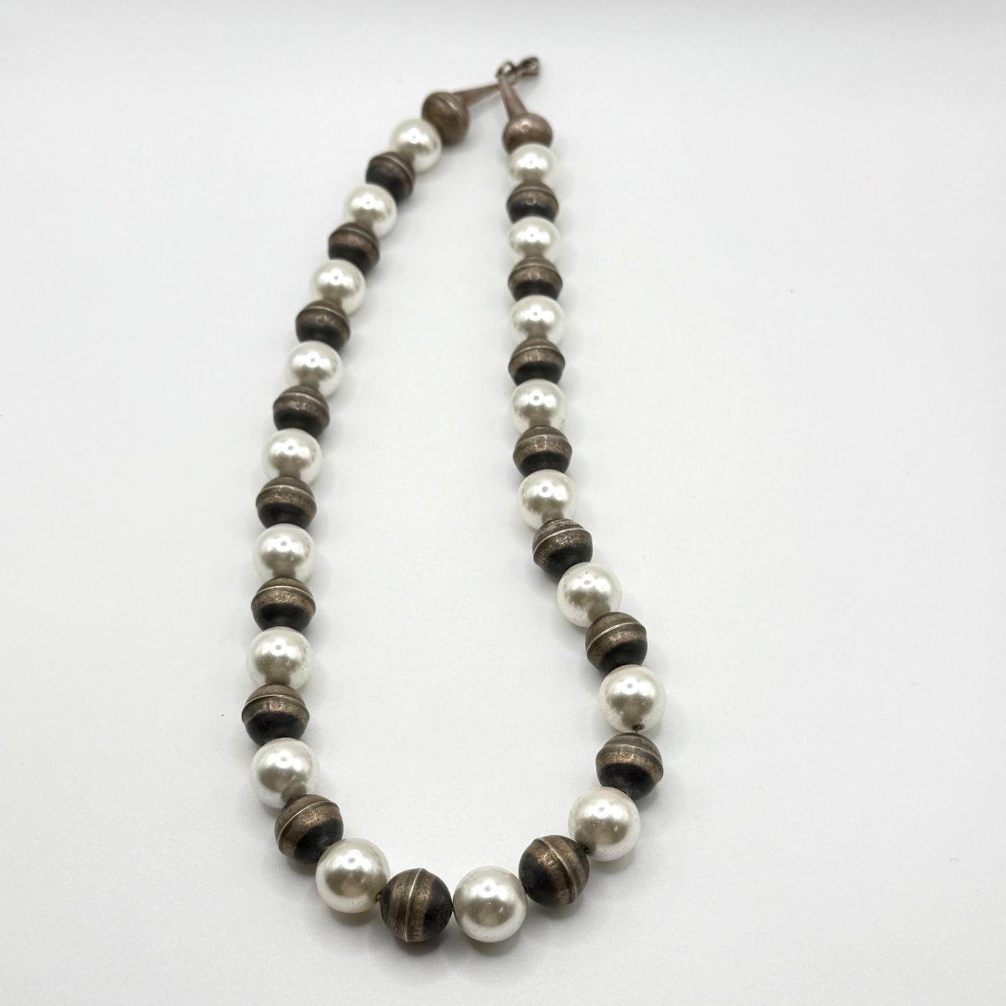 Vintage Sterling Silver & Faux Pearl Beaded Necklace With Hook Clasp