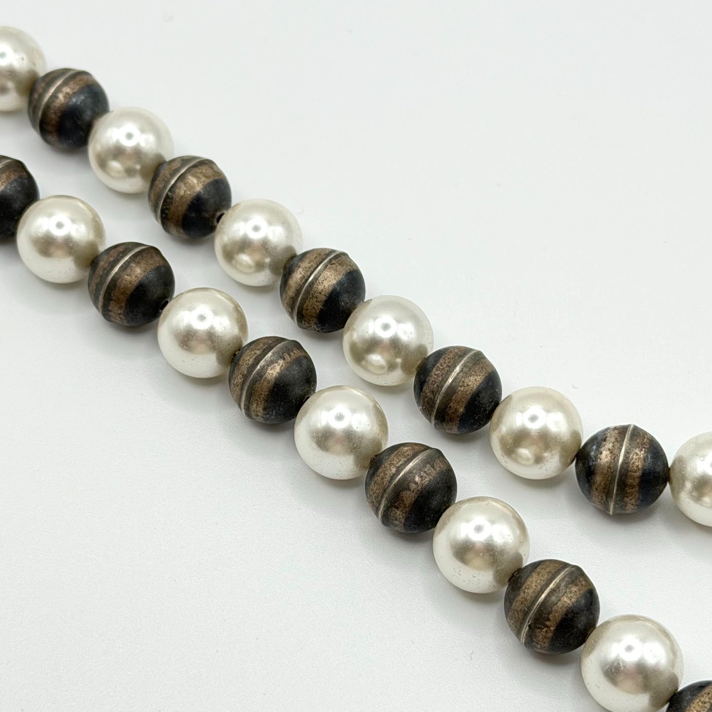 Vintage Sterling Silver & Faux Pearl Beaded Necklace With Hook Clasp