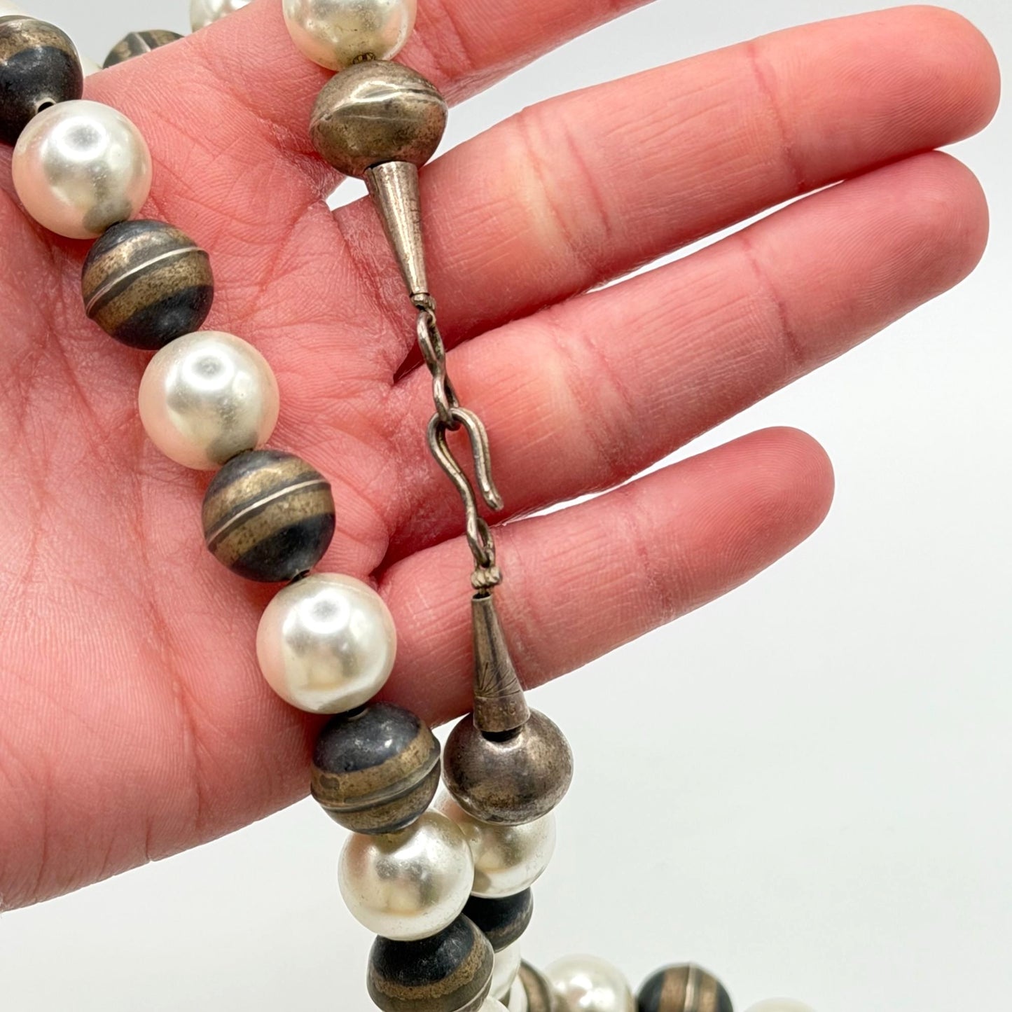 Vintage Sterling Silver & Faux Pearl Beaded Necklace With Hook Clasp