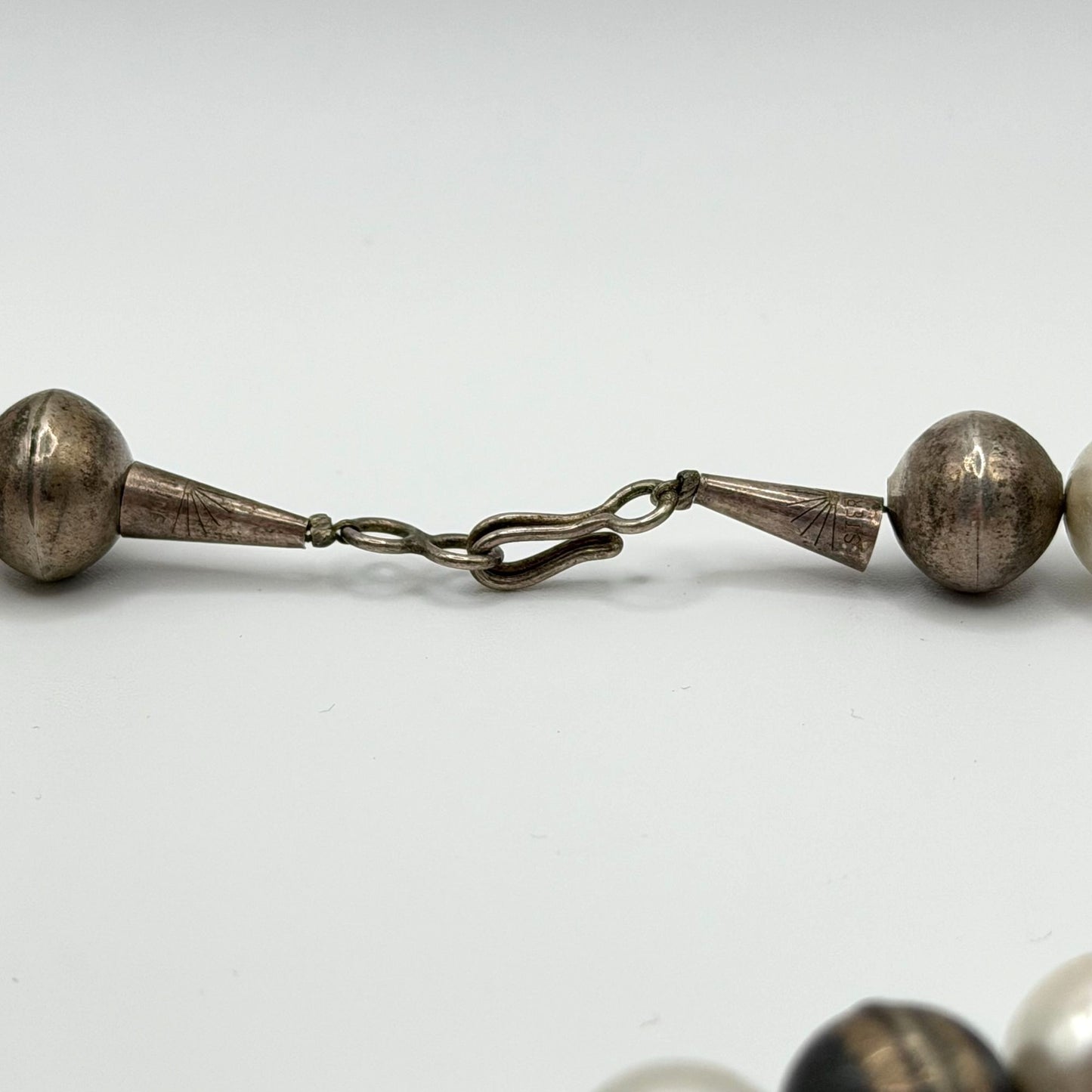 Vintage Sterling Silver & Faux Pearl Beaded Necklace With Hook Clasp