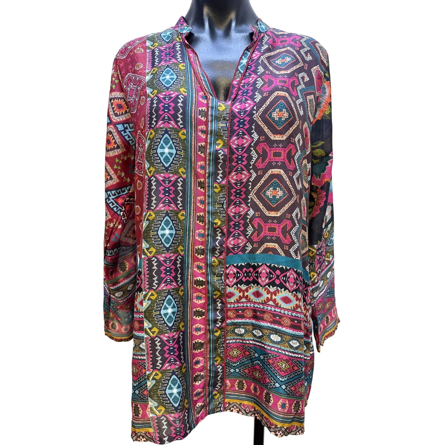 Johnny Was Boho-Style Multicolor Patterned Long-Sleeve Tunic Top Size S