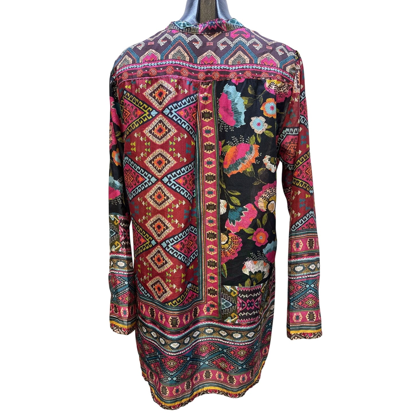 Johnny Was Boho-Style Multicolor Patterned Long-Sleeve Tunic Top Size S