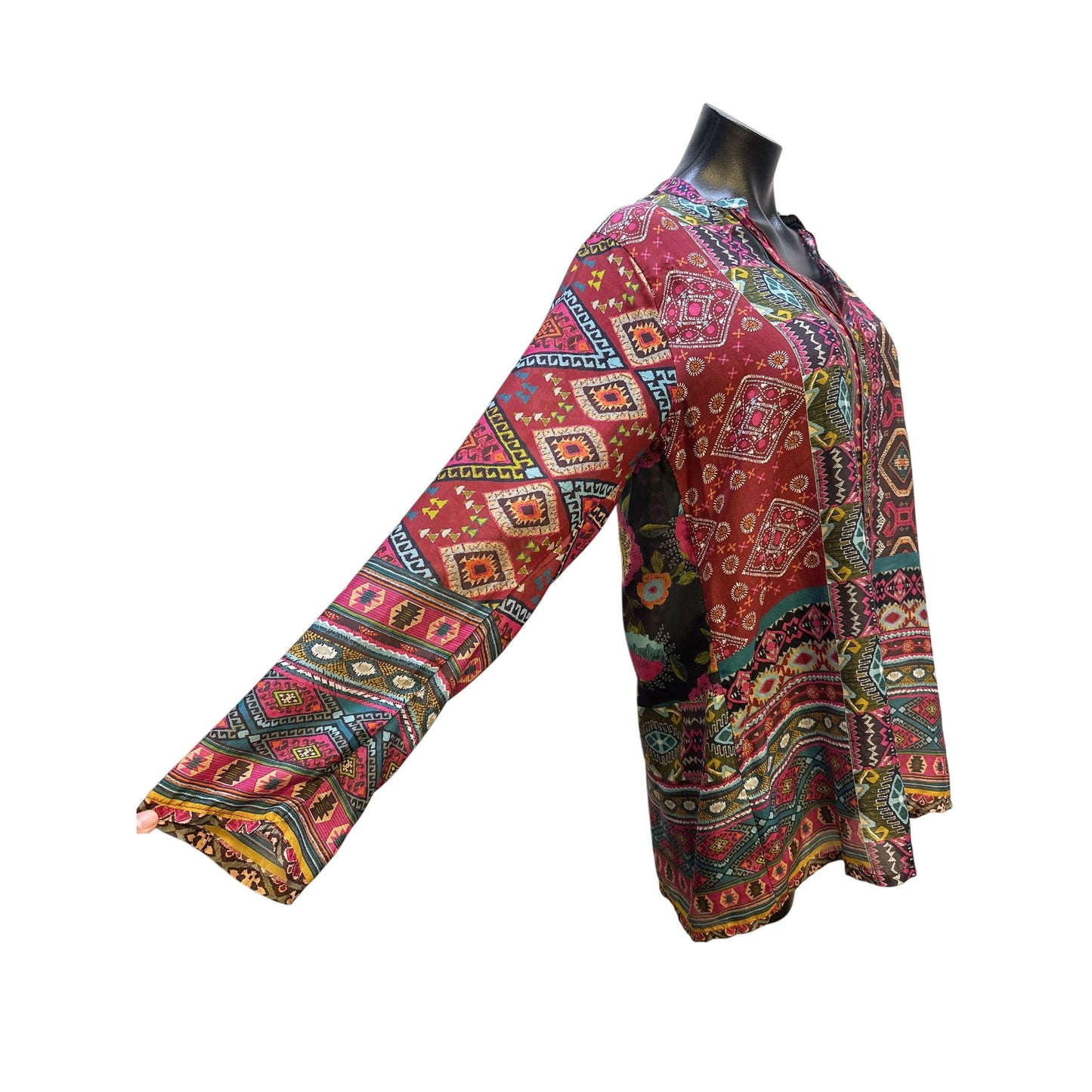 Johnny Was Boho-Style Multicolor Patterned Long-Sleeve Tunic Top Size S