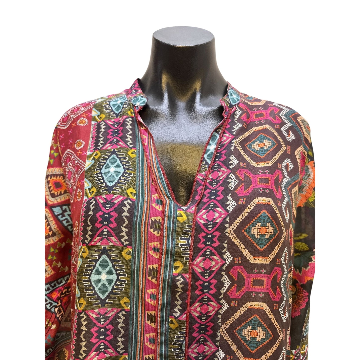 Johnny Was Boho-Style Multicolor Patterned Long-Sleeve Tunic Top Size S