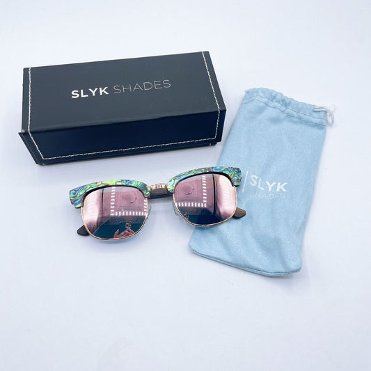 Slyk Shades Abalone Shell Design Polarized Sunglasses Rose Gold Accents Wooden Arms