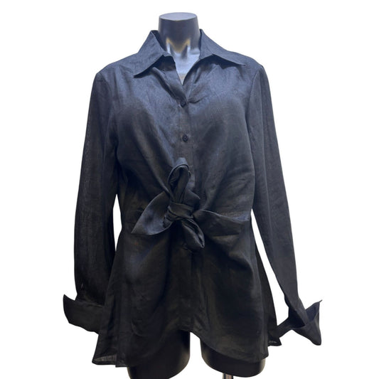 NWT Neiman Marcus Black Linen Blouse With Tie Detail Size L