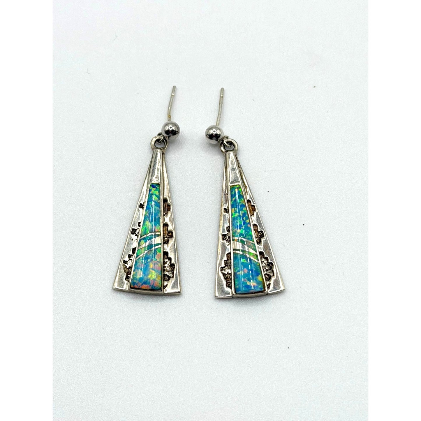 Sterling Silver & Opal Inlay Triangle Dangle Earrings