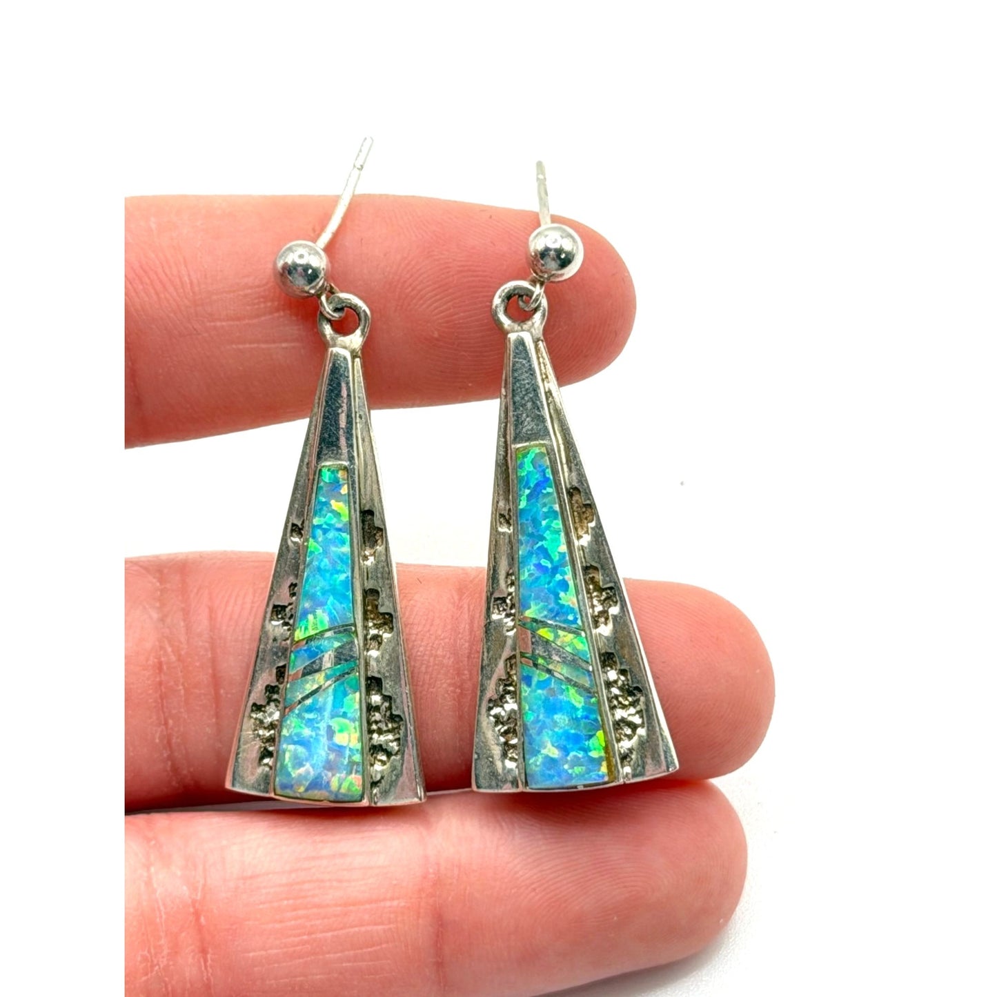 Sterling Silver & Opal Inlay Triangle Dangle Earrings