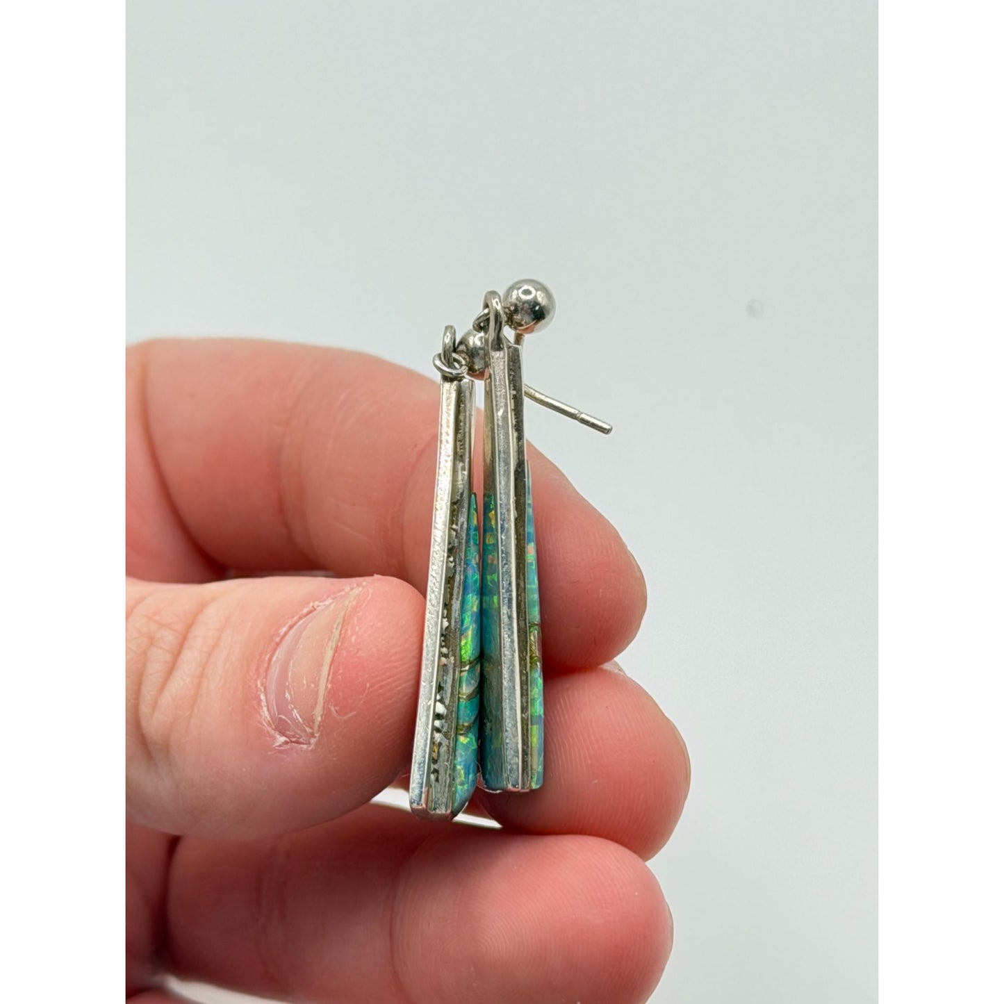 Sterling Silver & Opal Inlay Triangle Dangle Earrings