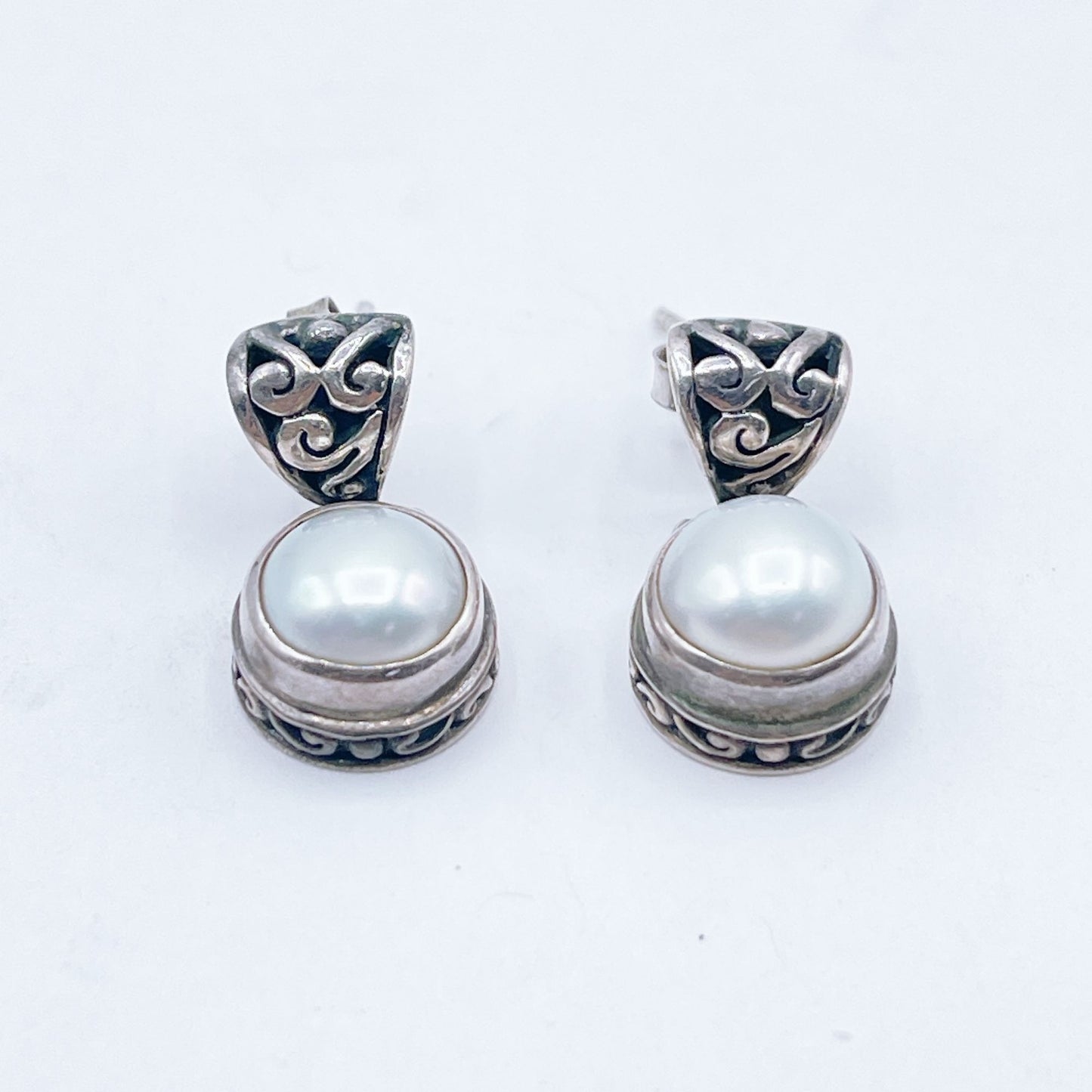 Vintage 925 Sterling Silver Pearl Drop Stud Earrings