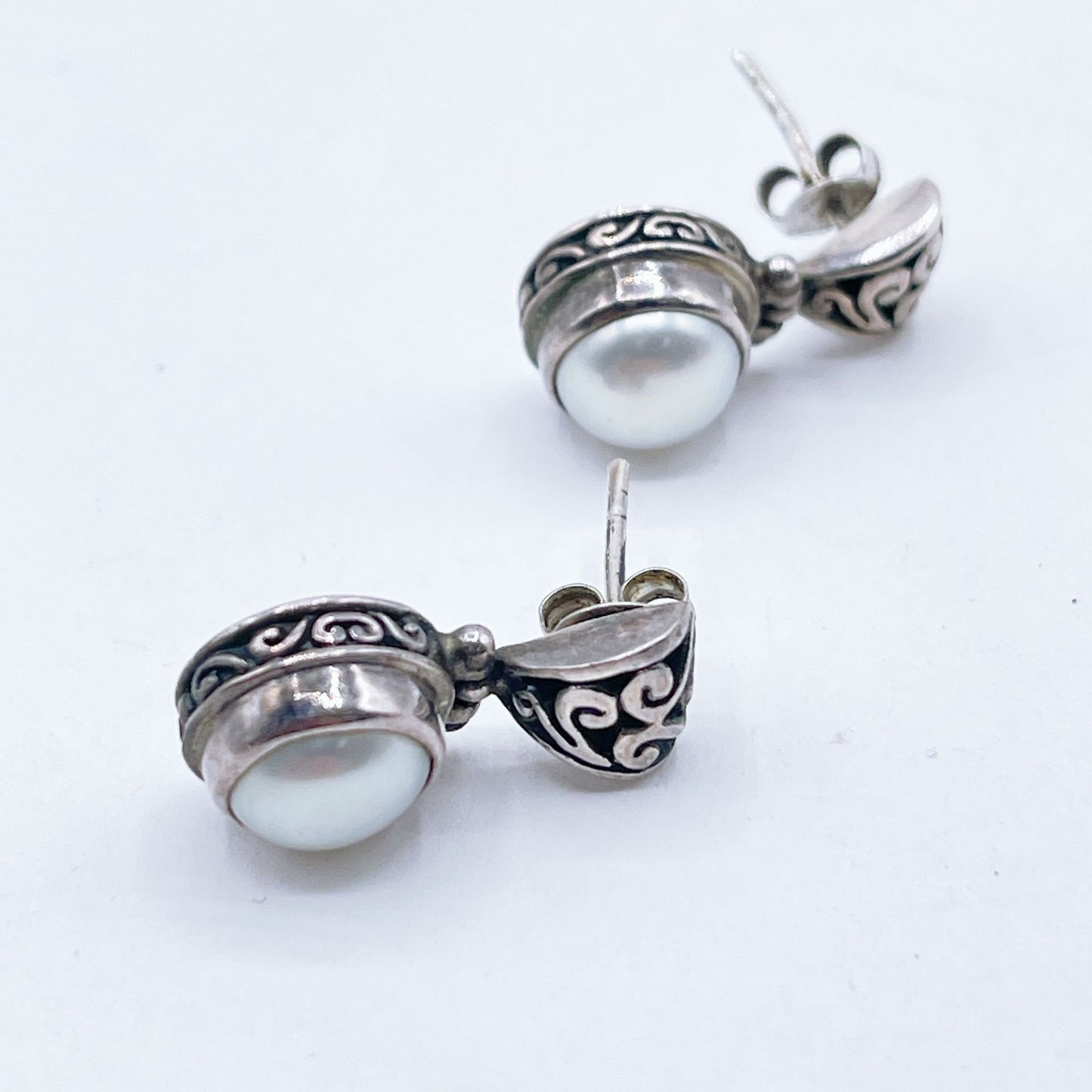 Vintage 925 Sterling Silver Pearl Drop Stud Earrings