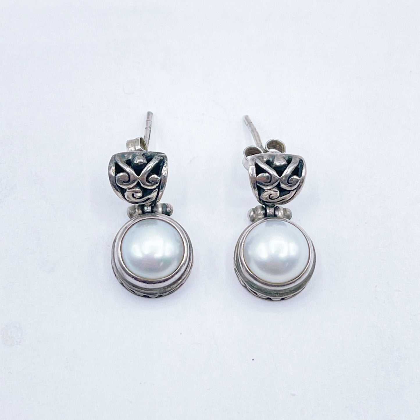 Vintage 925 Sterling Silver Pearl Drop Stud Earrings