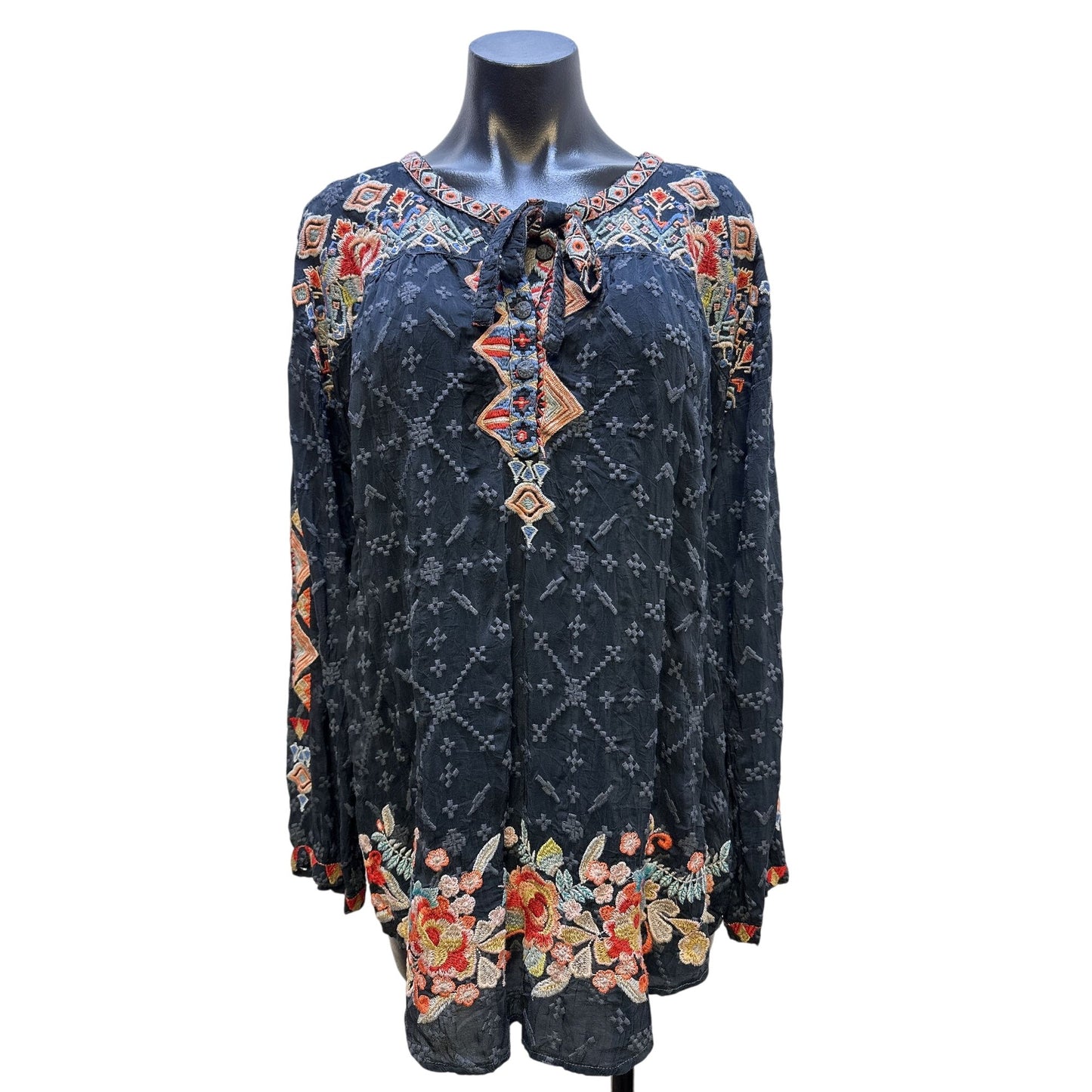 Johnny Was Black w/Multicolored Embroidery Tunic Blouse Size Large