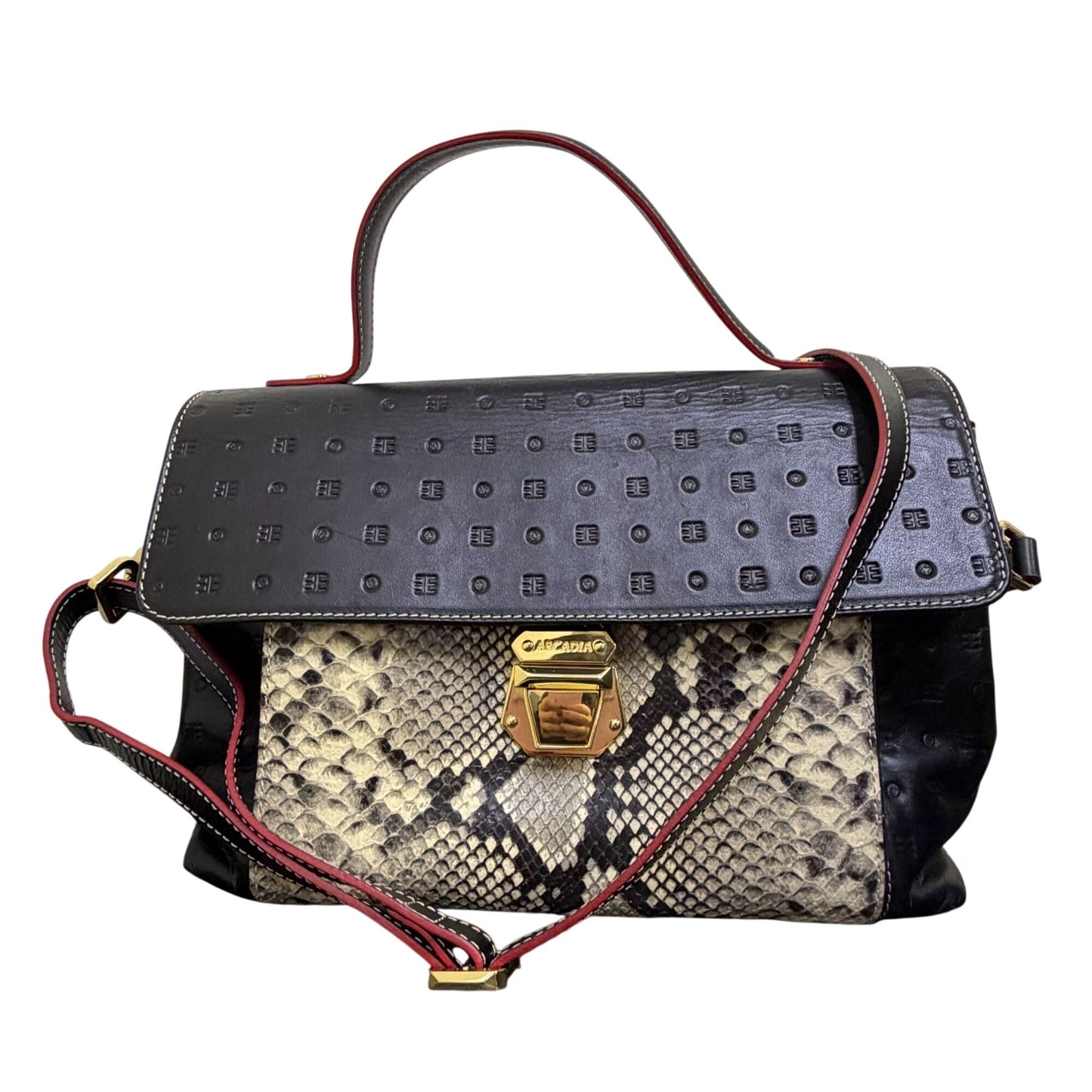 Arcadia Italian Leather Satchel Handbag Black & Python Print Gold Hardware