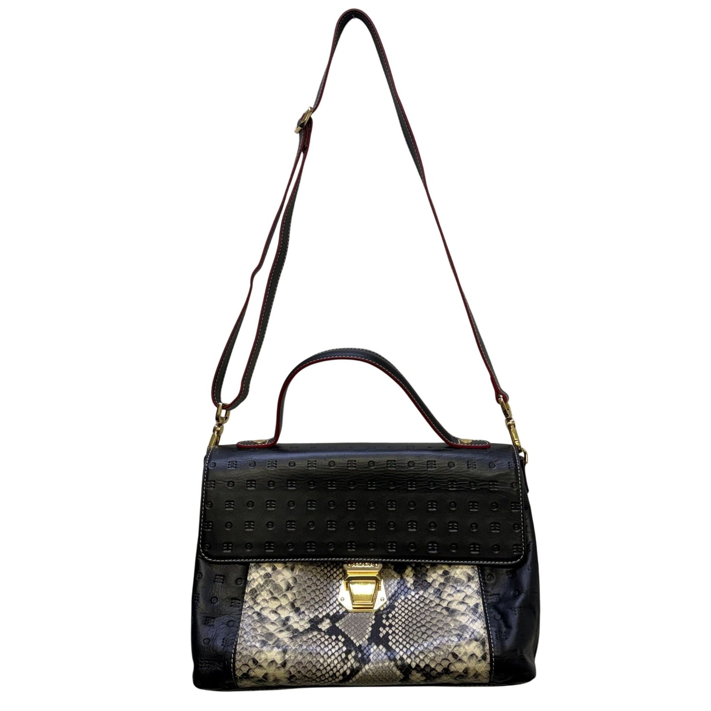 Arcadia Italian Leather Satchel Handbag Black & Python Print Gold Hardware