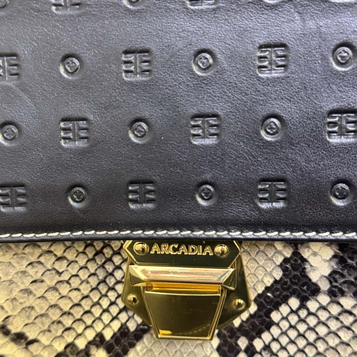 Arcadia Italian Leather Satchel Handbag Black & Python Print Gold Hardware
