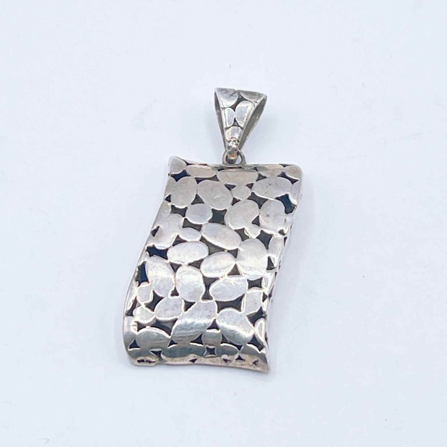 Sterling Silver 925 Textured Rectangle Pendant With Leaf Pattern