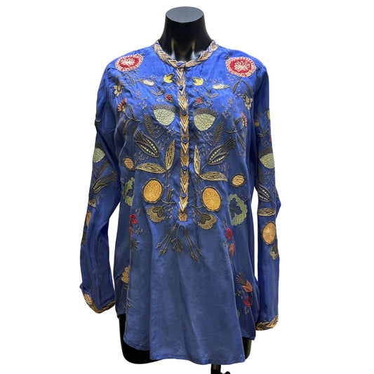 Biya Johnny Was Blue Silk Embroidered Button-Down Tunic Blouse S