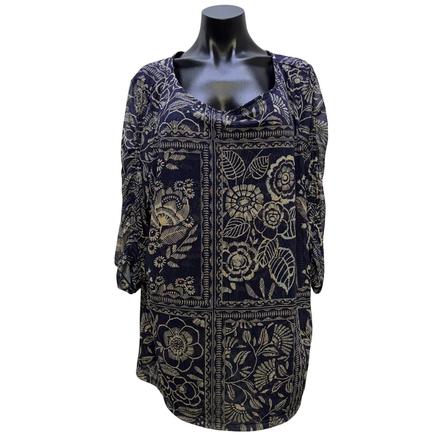 Johnny Was Blue & Cream Floral Tunic Blouse Long Sleeve 3X