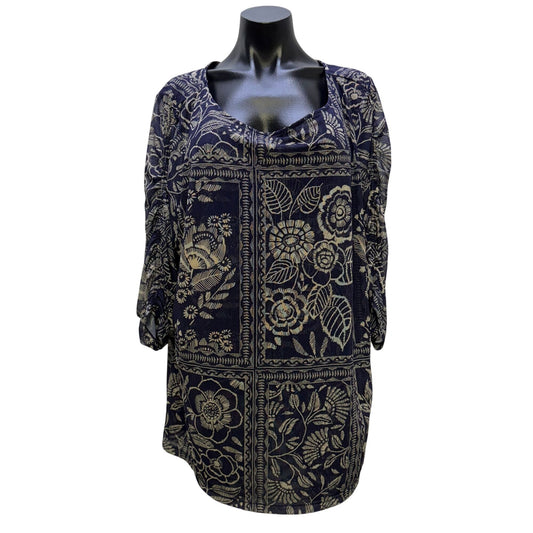 Johnny Was Blue & Cream Floral Tunic Blouse Long Sleeve 3X