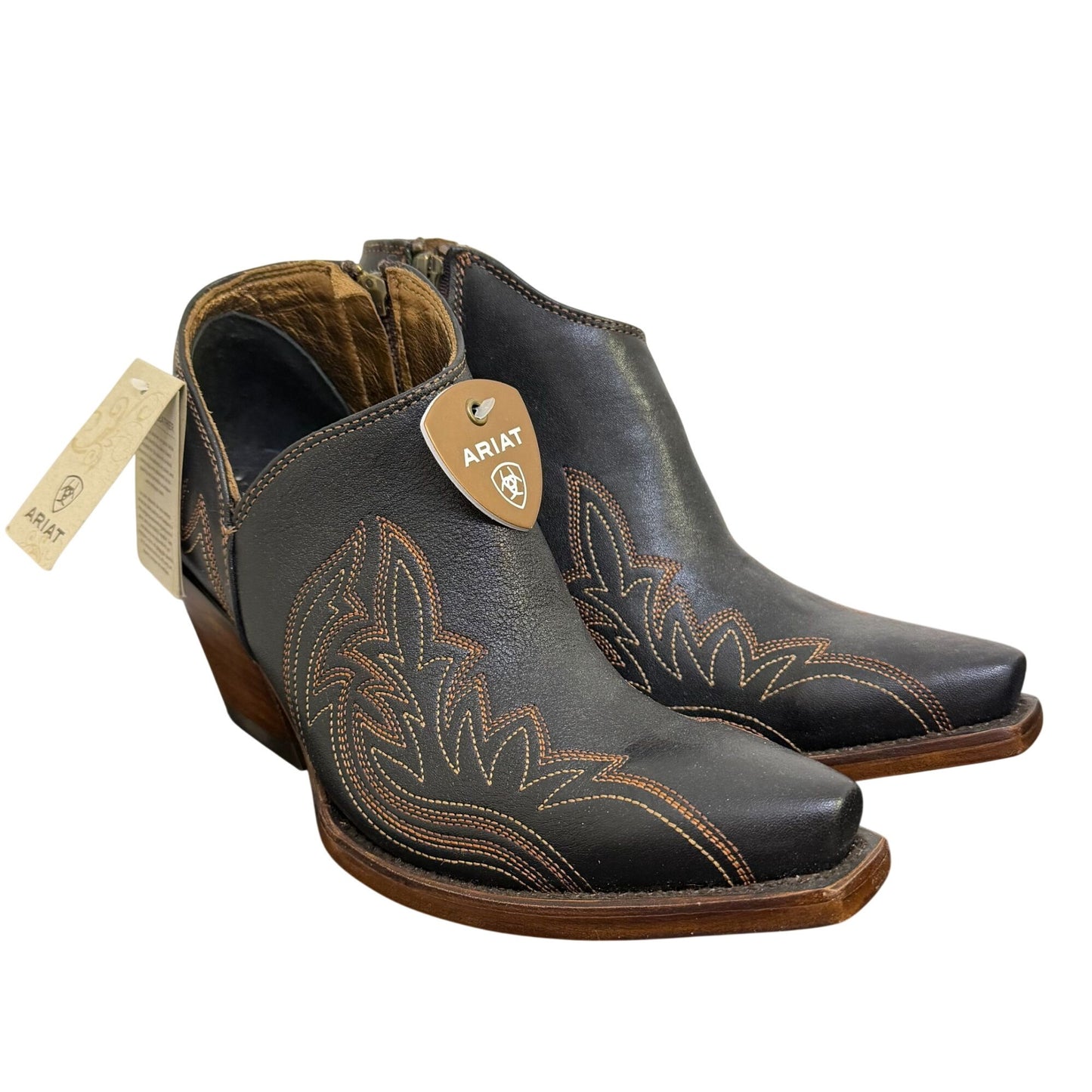 Ariat Black Western Leather Ankle Boots With Embroidered Details Size 7.5