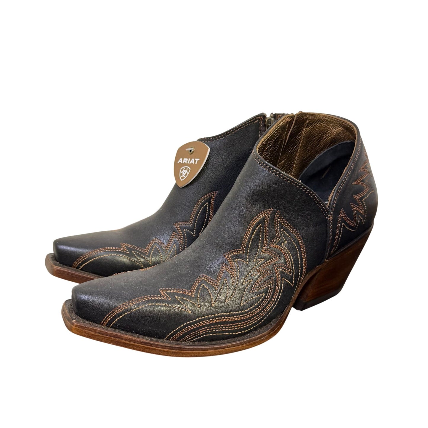 Ariat Black Western Leather Ankle Boots With Embroidered Details Size 7.5