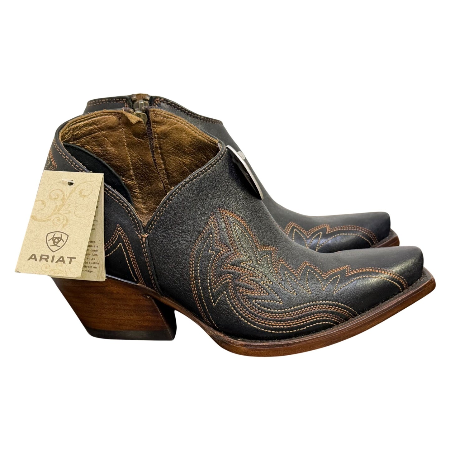 Ariat Black Western Leather Ankle Boots With Embroidered Details Size 7.5