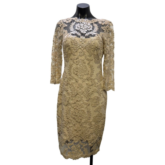Tadashi Shoji Cream Lace Sequin Sheath Dress 3/4 Sleeve Size 8