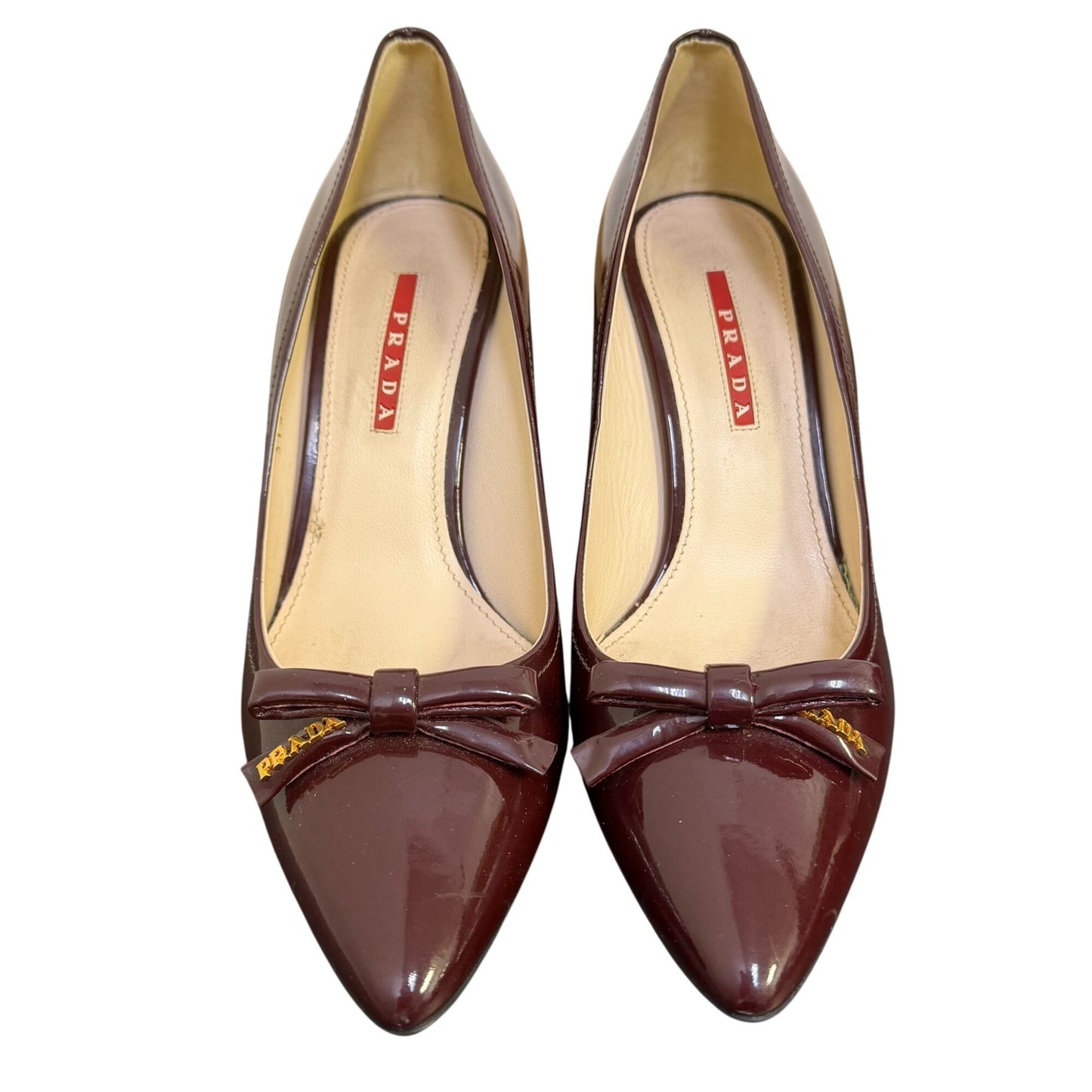 Prada Patent Leather Heels Wine Bow Detail Size 8