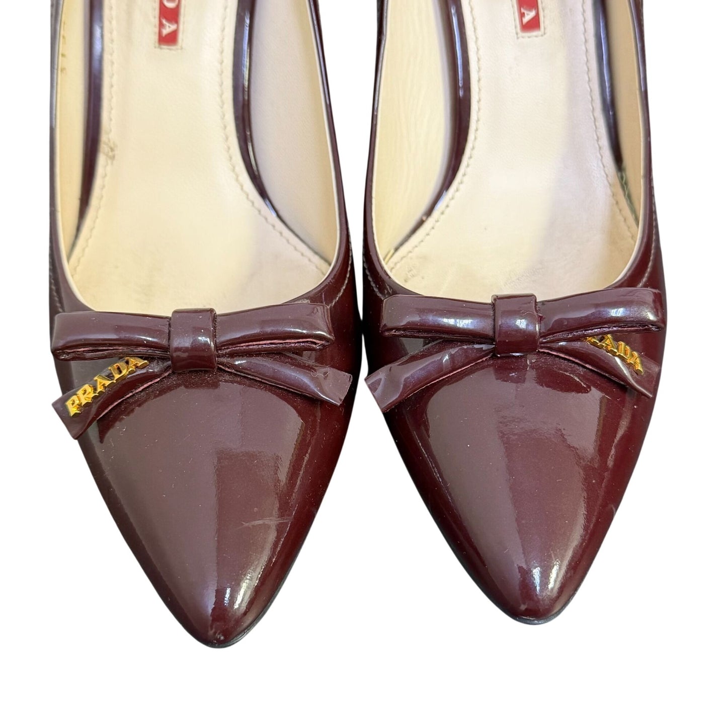Prada Patent Leather Heels Wine Bow Detail Size 8