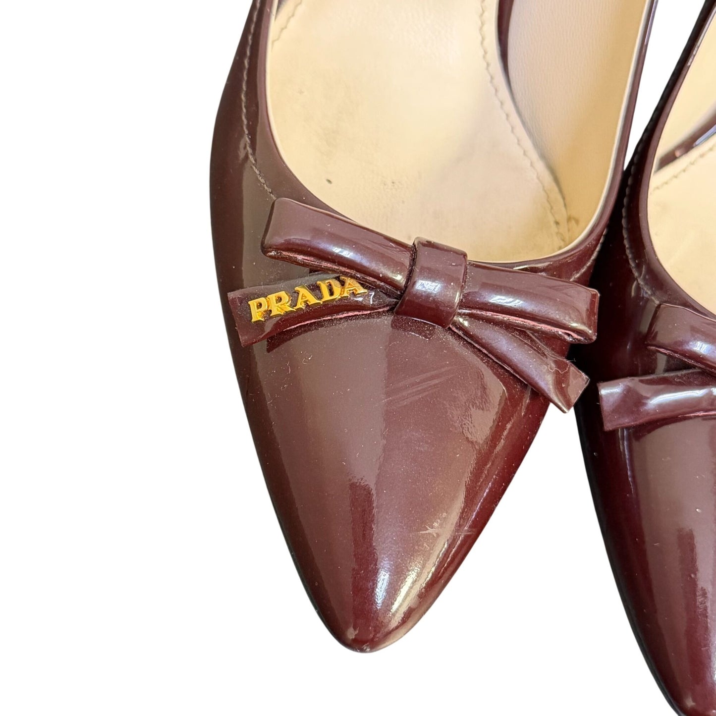 Prada Patent Leather Heels Wine Bow Detail Size 8