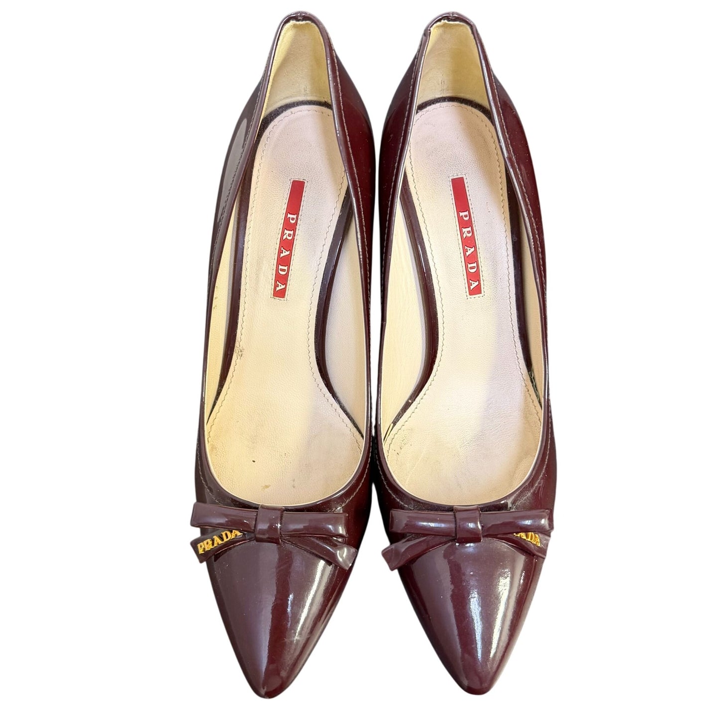 Prada Patent Leather Heels Wine Bow Detail Size 8