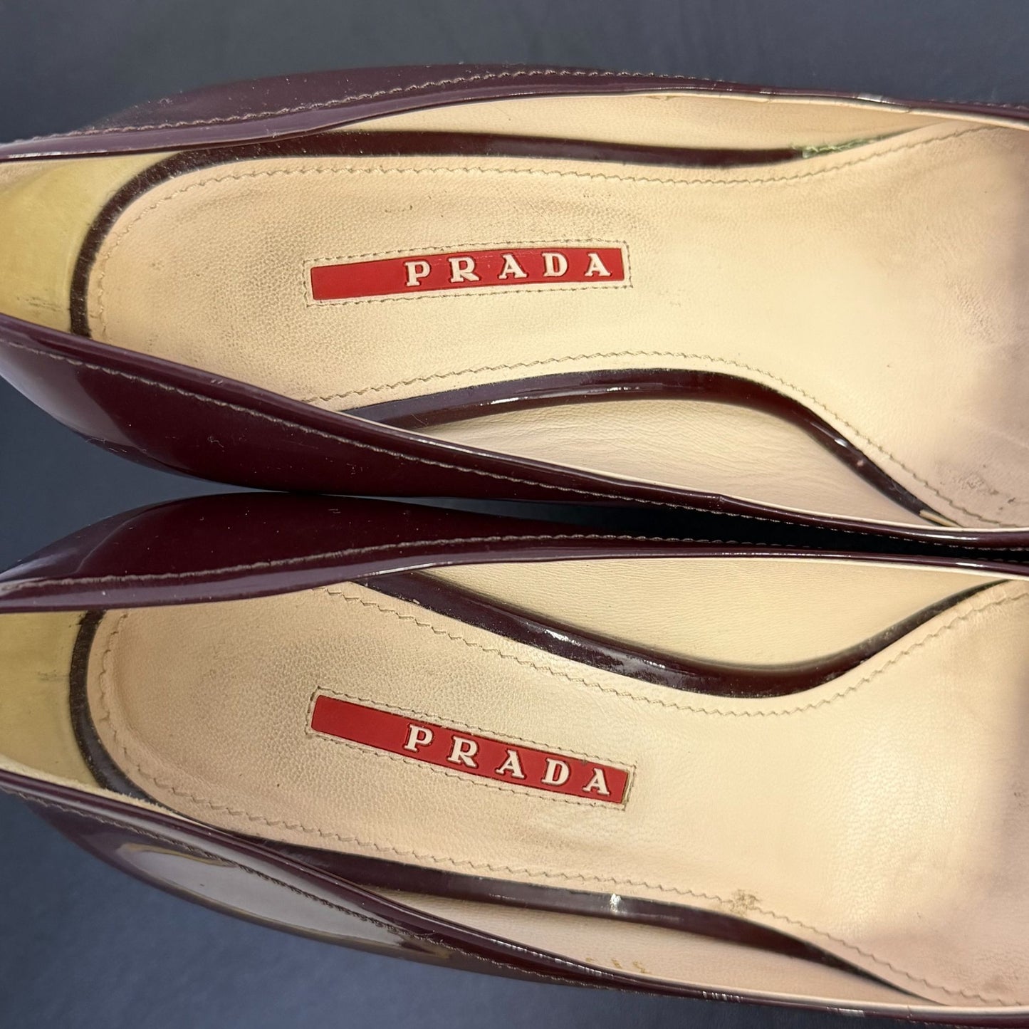 Prada Patent Leather Heels Wine Bow Detail Size 8