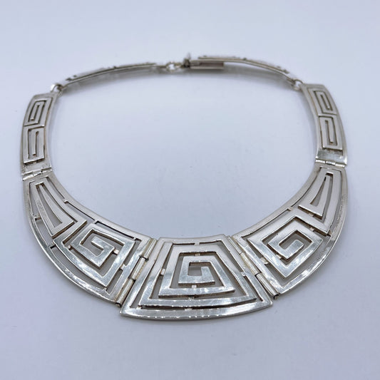 925 Silver Greek Key Design Choker Necklace Geometric Artisan Handcrafted Elegant Bold Metalwork